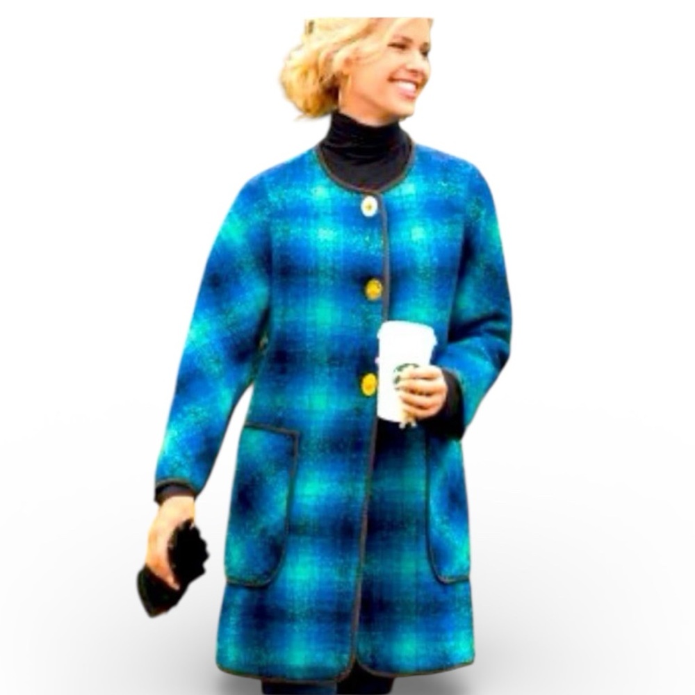 Soft Surrounding Blue Boucle Wool Blend Plaid Coat Sz XL